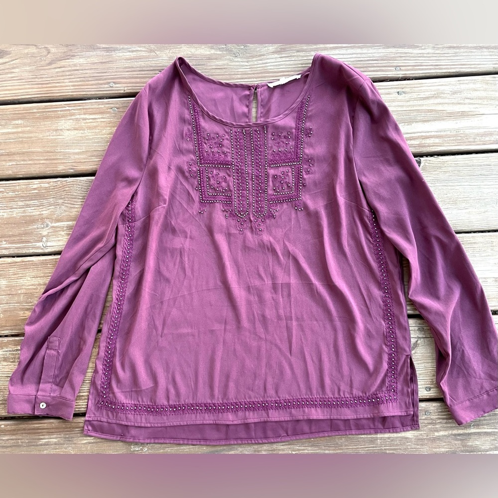 Women's Embroidered Long-Sleeve Blouse - Plum